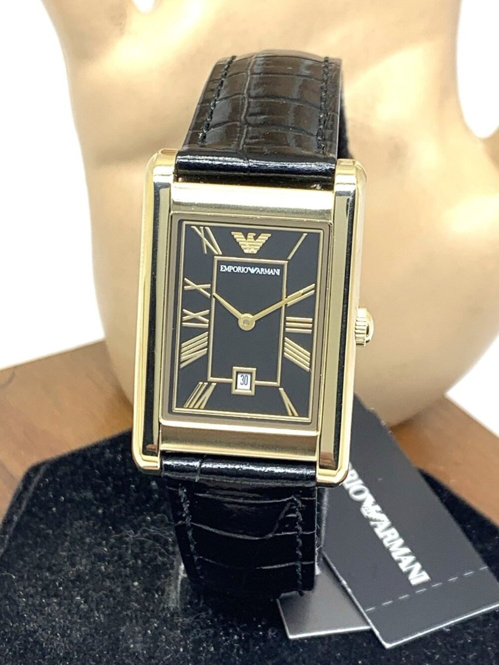 Emporio Armani Women's Watch AR11666 Quartz Gold Black Leather Band Tank 25mm